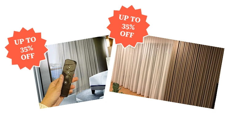 Remote-controlled motorized curtain in modern bedroom.