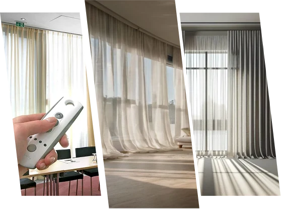 Remote-controlled motorized curtains in office and lounge settings.